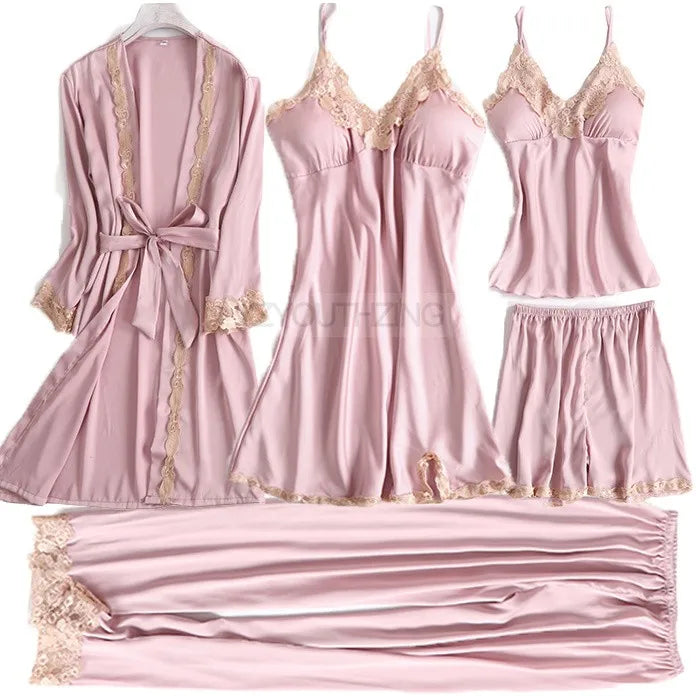 Ensemble Pyjama Femme Satin Dentelle — Robe de Chambre Kimono + Pantalon, Été