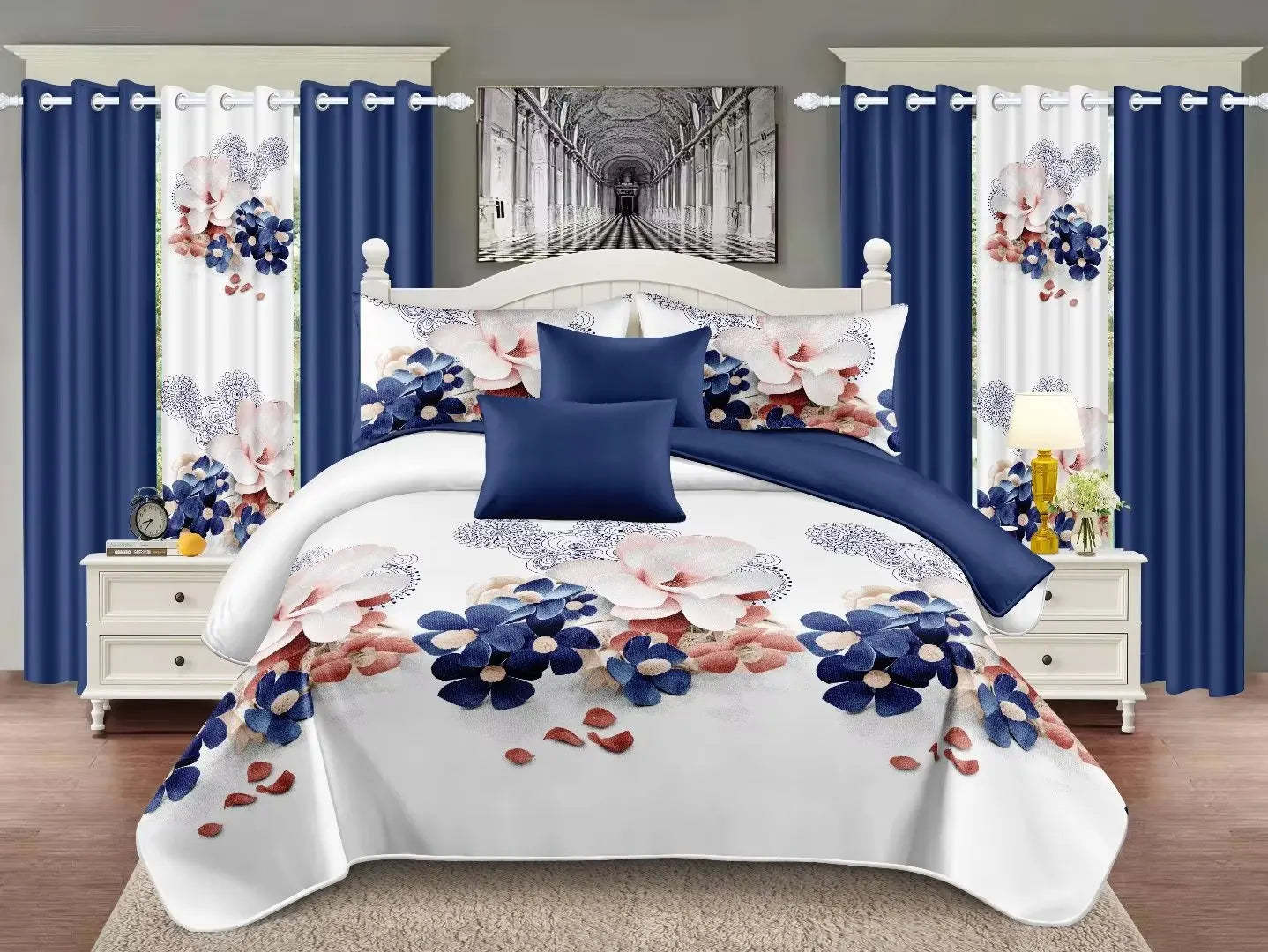 Parure de Lit 10 Pièces Fleurs & Plantes — Housse Couette, Draps & Rideaux