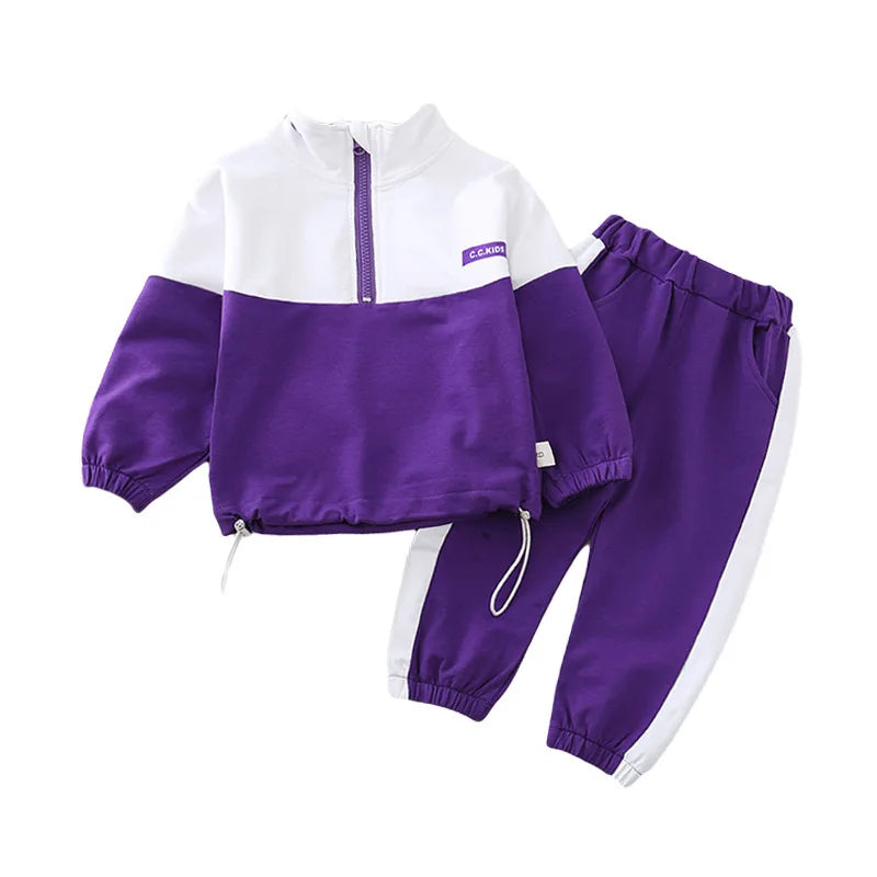 Ensemble Enfant Veste + Pantalon — Coton Uni, Printemps Automne, Garçon Fille 2 Pièces
