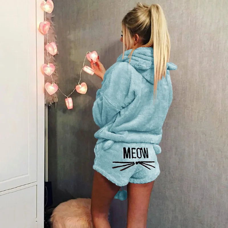 Pyjama Femme Polaire Chaud Hiver — Imprimé Chat, À Capuche, Grande Taille S-5XL
