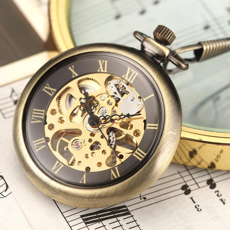 Montre de Gousset Mécanique Squelette — Remontage Manuel, Transparent, Chaîne Fob