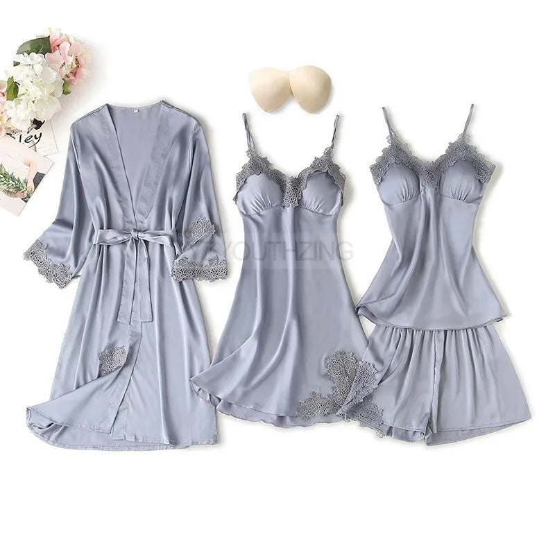 Ensemble Pyjama Femme Satin Dentelle — Robe de Chambre Kimono + Pantalon, Été