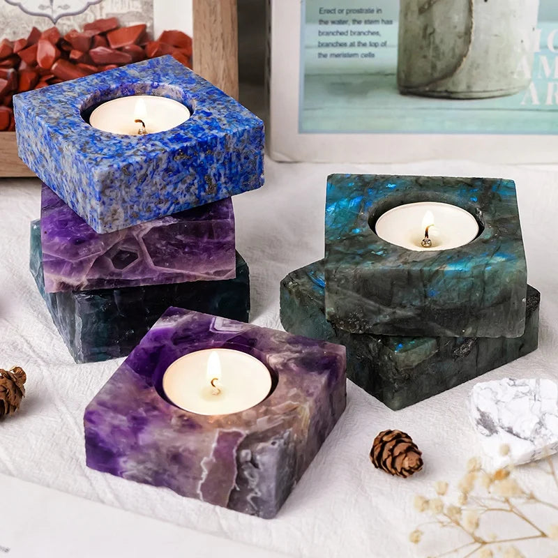 Bougeoir en Cristal Naturel Poli | Améthyste & Quartz | Déco Feng Shui