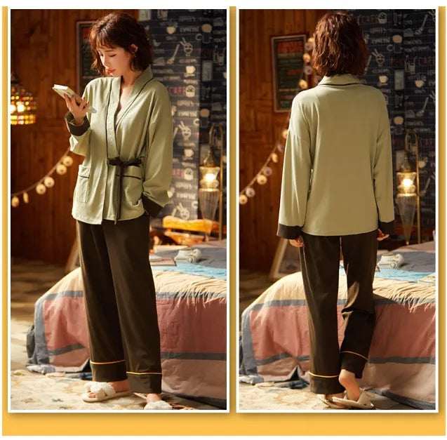 Pyjama Kimono Femme Gaze Coton — Imprimé Feuille d'Érable, Manches Longues, Automne