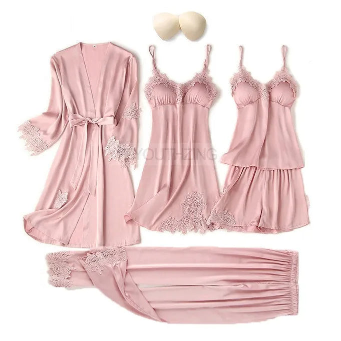 Ensemble Pyjama Femme Satin Dentelle — Robe de Chambre Kimono + Pantalon, Été