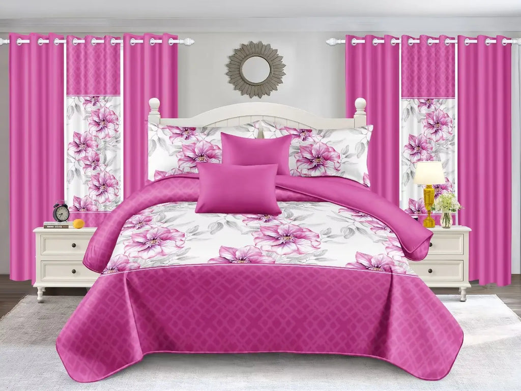 Parure de Lit 10 Pièces Fleurs & Plantes — Housse Couette, Draps & Rideaux