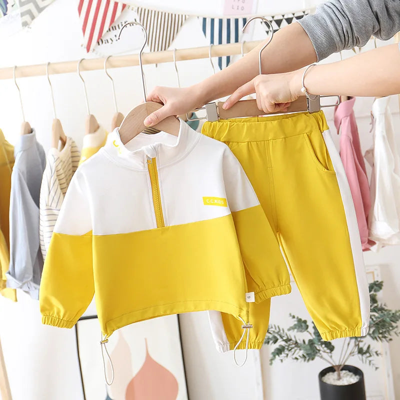 Ensemble Enfant Veste + Pantalon — Coton Uni, Printemps Automne, Garçon Fille 2 Pièces