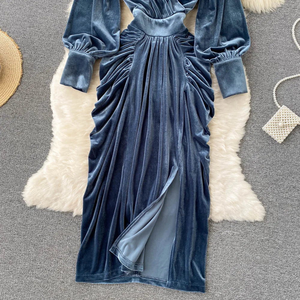 Robe Longue Velours Bleu Femme Élégante Col V Manches Lanterne — Taille Haute Soirée