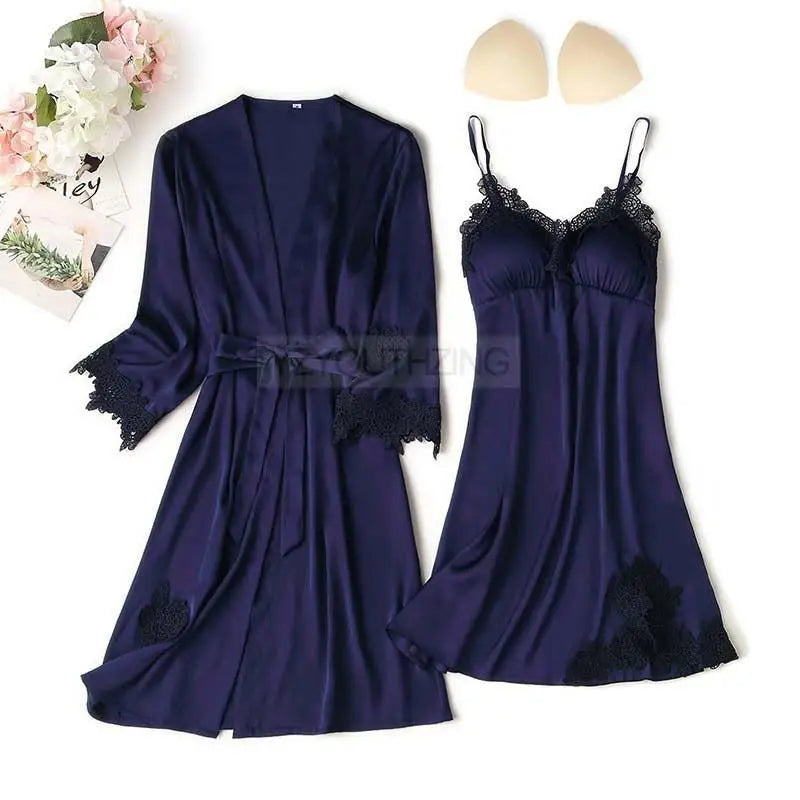 Ensemble Pyjama Femme Satin Dentelle — Robe de Chambre Kimono + Pantalon, Été