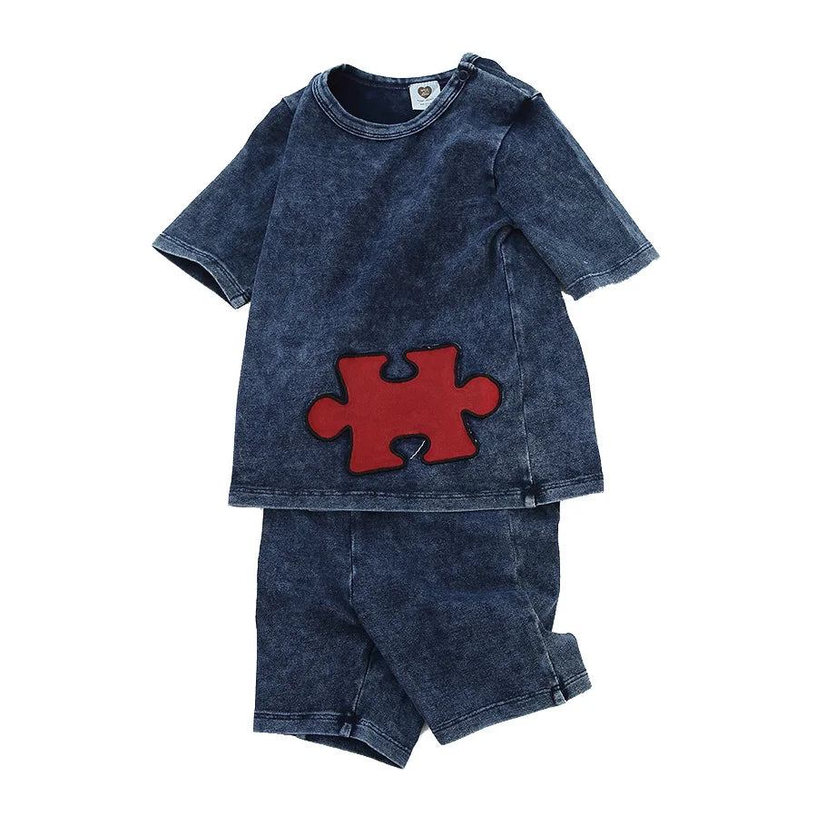 Ensemble 2 pièces bébé garçon – T-shirt manches courtes effet denim & short coton élastique, tenue été 1-3 ans