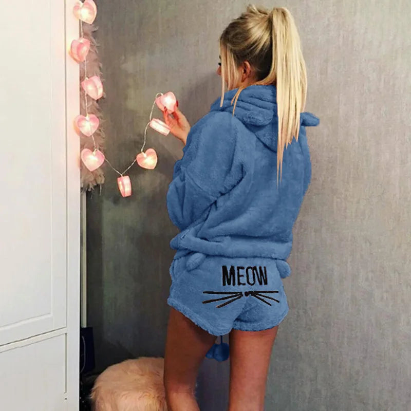 Pyjama Femme Polaire Chaud Hiver — Imprimé Chat, À Capuche, Grande Taille S-5XL