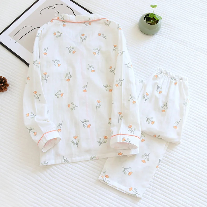 Pyjama Kimono Femme Gaze Coton — Imprimé Feuille d'Érable, Manches Longues, Automne
