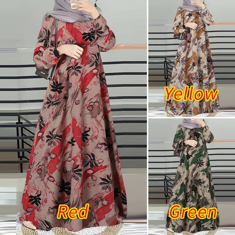 Robe Longue Femme Musulmane Manches Longues Col Rond Imprimée — Moyen-Orient