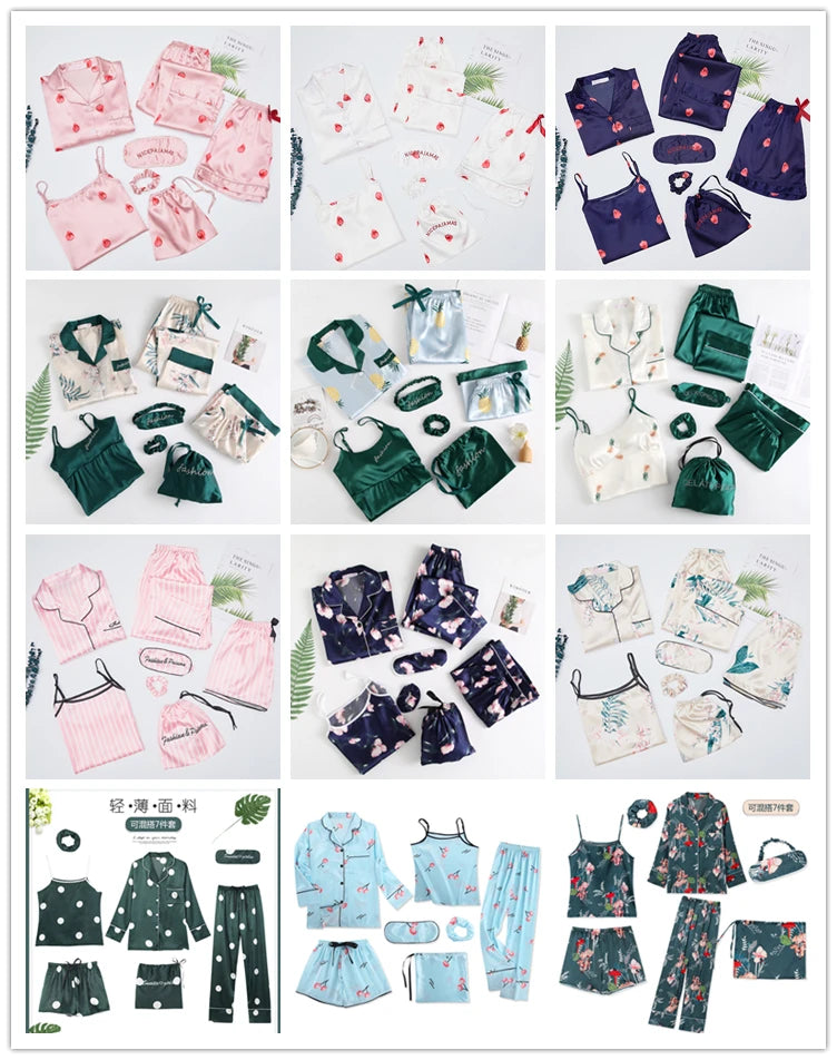 Pyjama Satin Femme 7 Pièces Col Revers Imprimé Cerises — Soie Douce