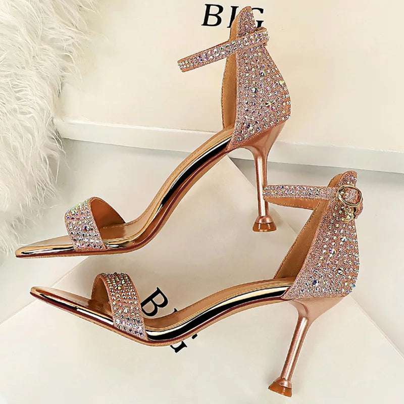 Sandales Femme Strass Cristal Talon Moyen Or — Bride Cheville, Mariage Événement 8.5cm