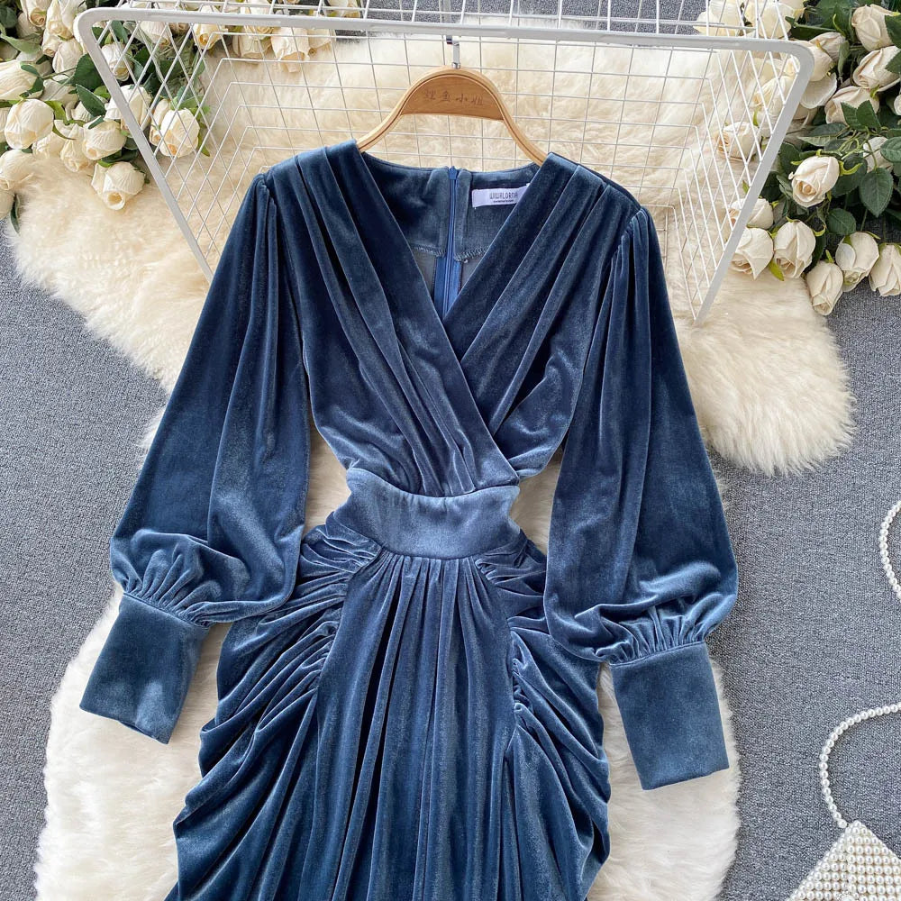 Robe Longue Velours Bleu Femme Élégante Col V Manches Lanterne — Taille Haute Soirée