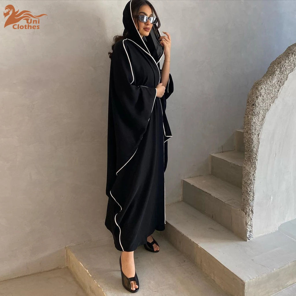Abaya Noire Tendance Femme EID Ramadan Patchwork Hijab Ouverte avec Châle