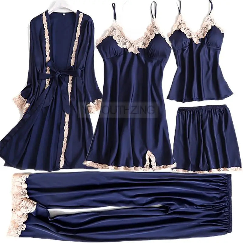 Ensemble Pyjama Femme Satin Dentelle — Robe de Chambre Kimono + Pantalon, Été