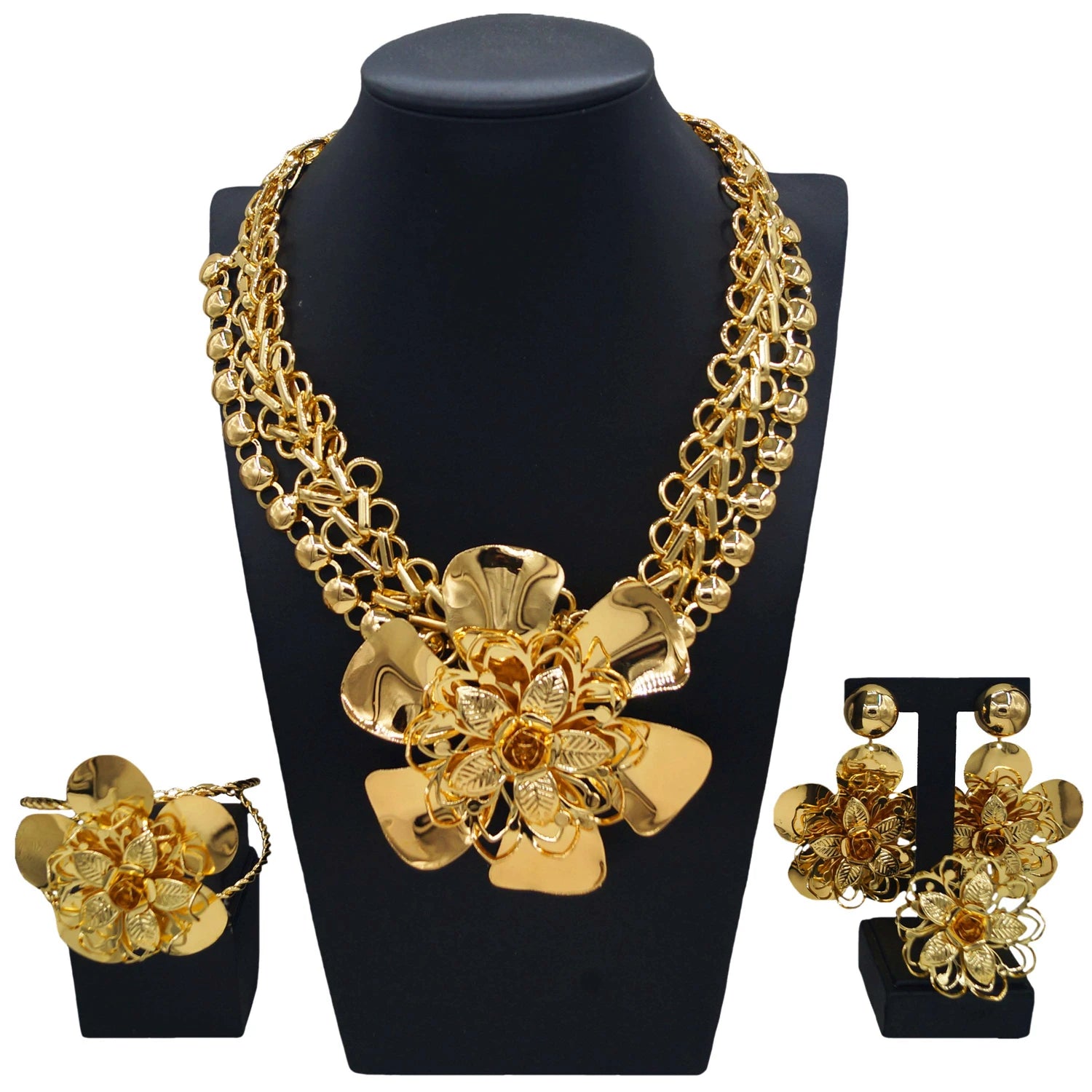 Parure Bijoux Fleur Plaqué Or 18K Femme — Collier, Boucles, Bracelet, Mariage
