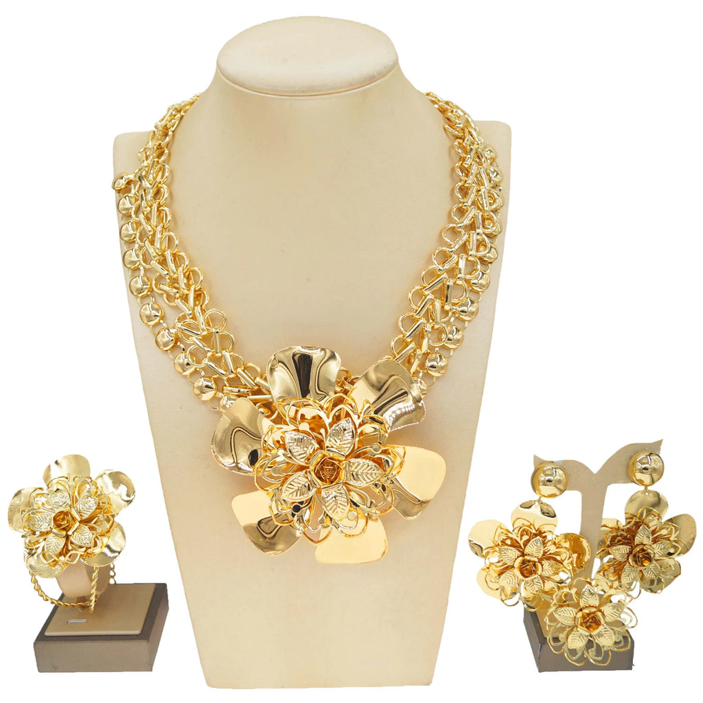 Parure Bijoux Fleur Plaqué Or 18K Femme — Collier, Boucles, Bracelet, Mariage