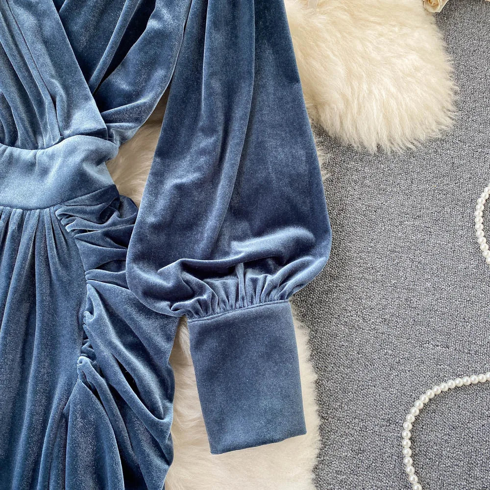 Robe Longue Velours Bleu Femme Élégante Col V Manches Lanterne — Taille Haute Soirée