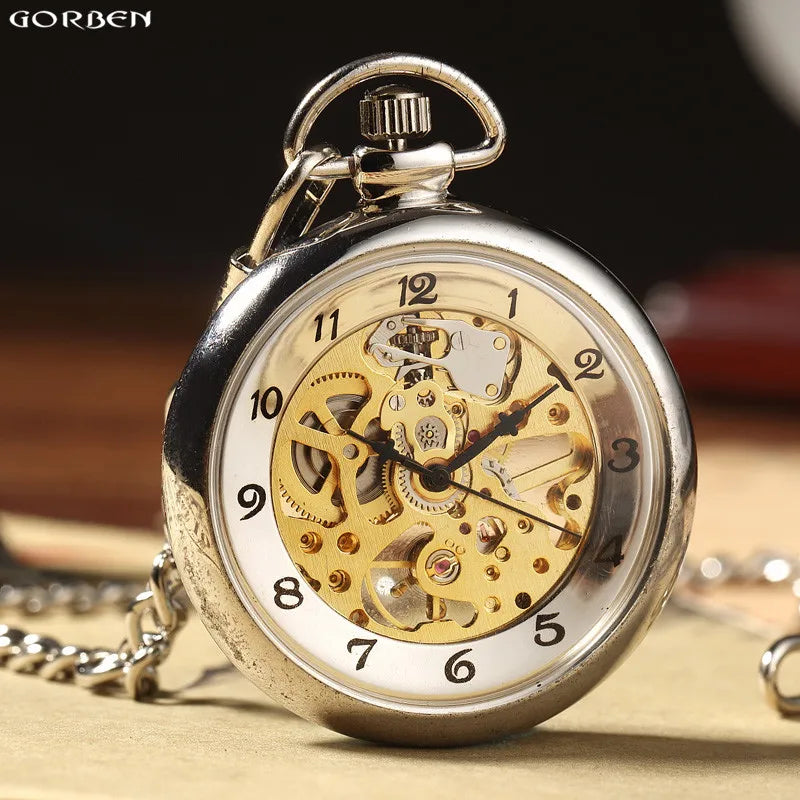Montre de Gousset Mécanique Squelette — Remontage Manuel, Transparent, Chaîne Fob