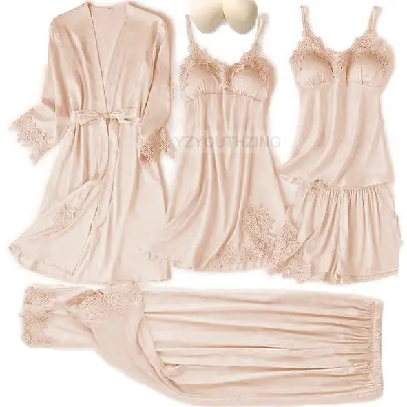 Ensemble Pyjama Femme Satin Dentelle — Robe de Chambre Kimono + Pantalon, Été