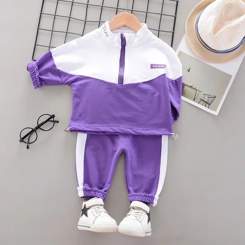 Ensemble Enfant Veste + Pantalon — Coton Uni, Printemps Automne, Garçon Fille 2 Pièces