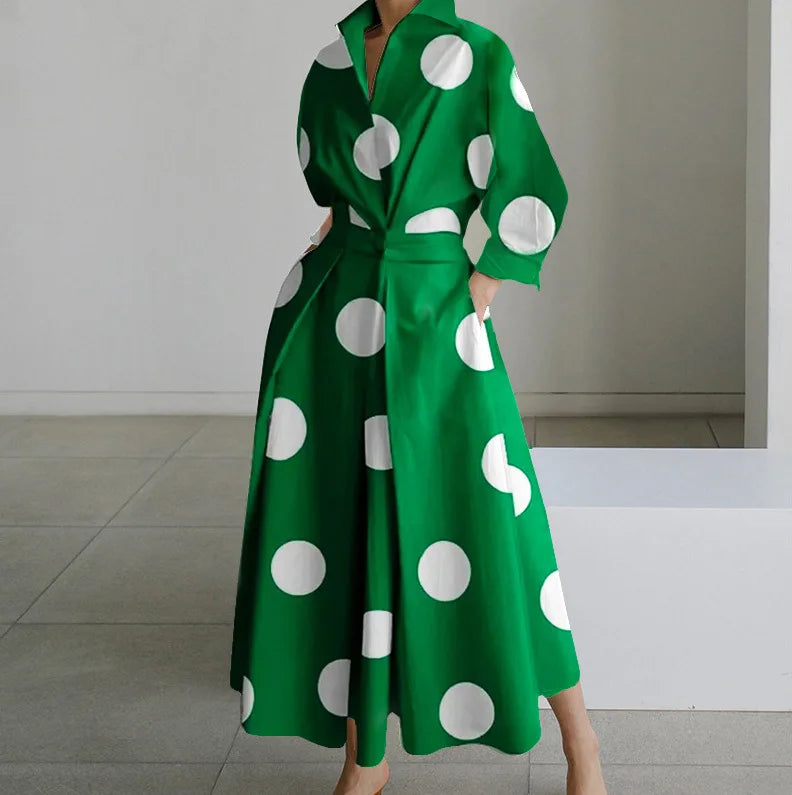 Robe Longue Femme Manches Longues Imprimé Pois Élégante — Col V Casual