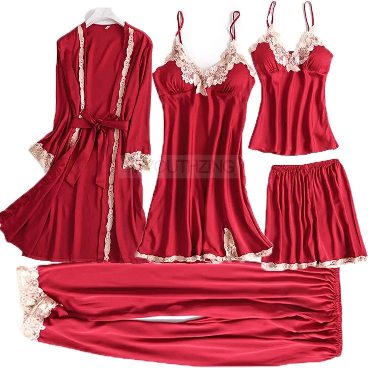 Ensemble Pyjama Femme Satin Dentelle — Robe de Chambre Kimono + Pantalon, Été