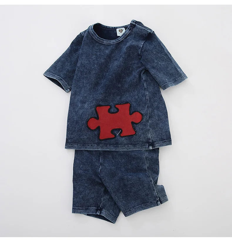 Ensemble 2 pièces bébé garçon – T-shirt manches courtes effet denim & short coton élastique, tenue été 1-3 ans