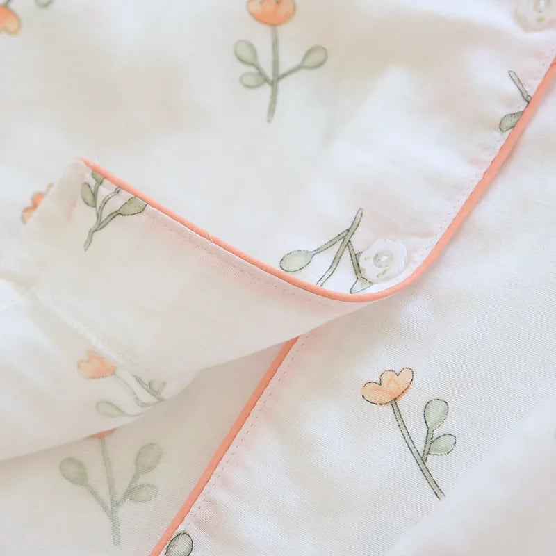 Pyjama Kimono Femme Gaze Coton — Imprimé Feuille d'Érable, Manches Longues, Automne