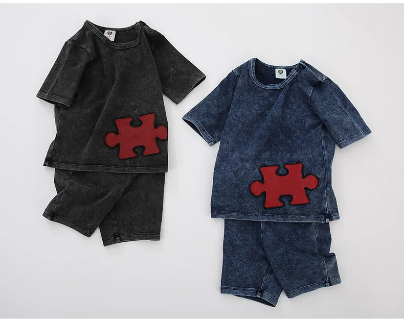 Ensemble 2 pièces bébé garçon – T-shirt manches courtes effet denim & short coton élastique, tenue été 1-3 ans