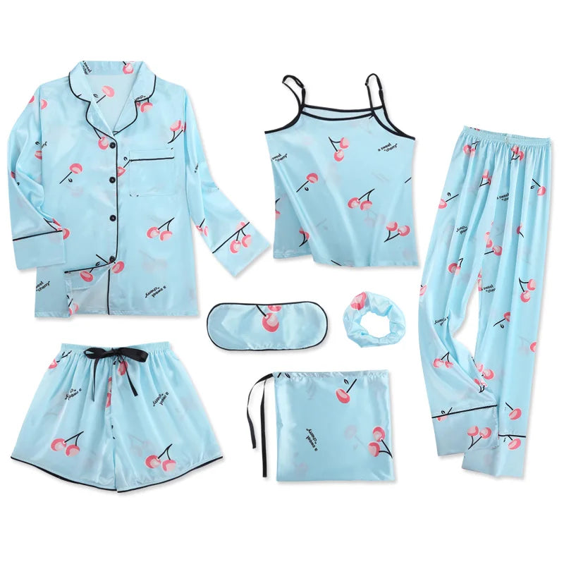 Pyjama Satin Femme 7 Pièces Col Revers Imprimé Cerises — Soie Douce