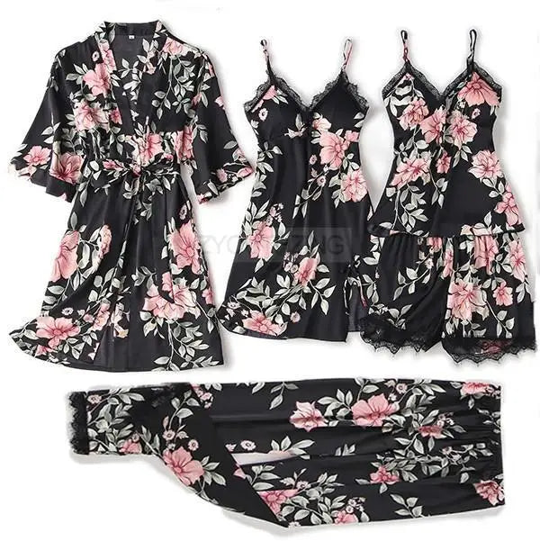 Ensemble Pyjama Femme Satin Dentelle — Robe de Chambre Kimono + Pantalon, Été