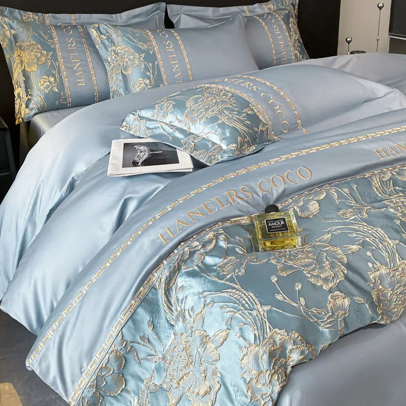 Parure de Lit Luxe 4 Pièces Satin Brodé — Housse Couette King & Queen Hotel