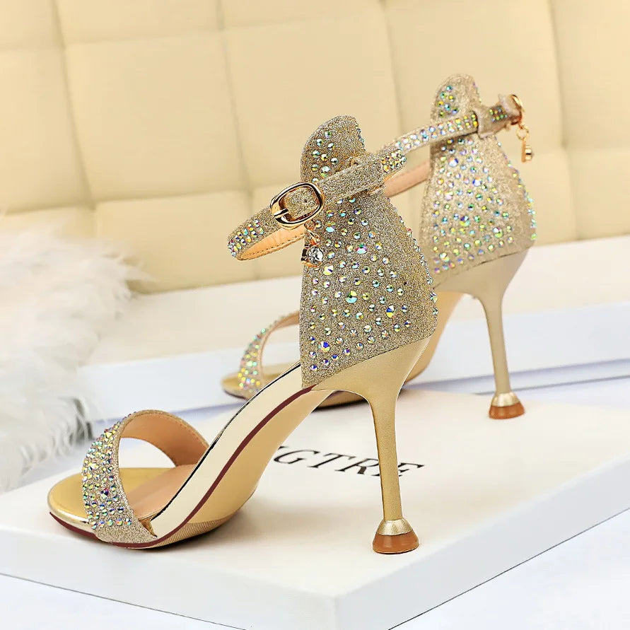 Sandales Femme Strass Cristal Talon Moyen Or — Bride Cheville, Mariage Événement 8.5cm