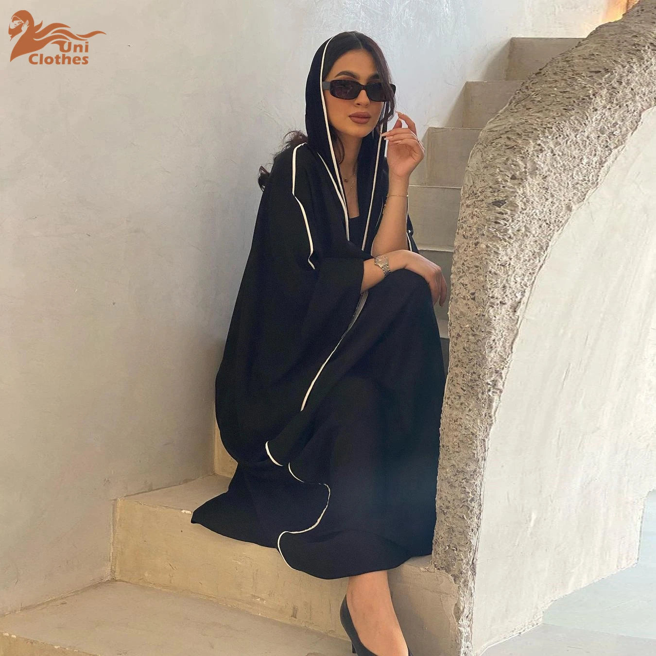 Abaya Noire Tendance Femme EID Ramadan Patchwork Hijab Ouverte avec Châle