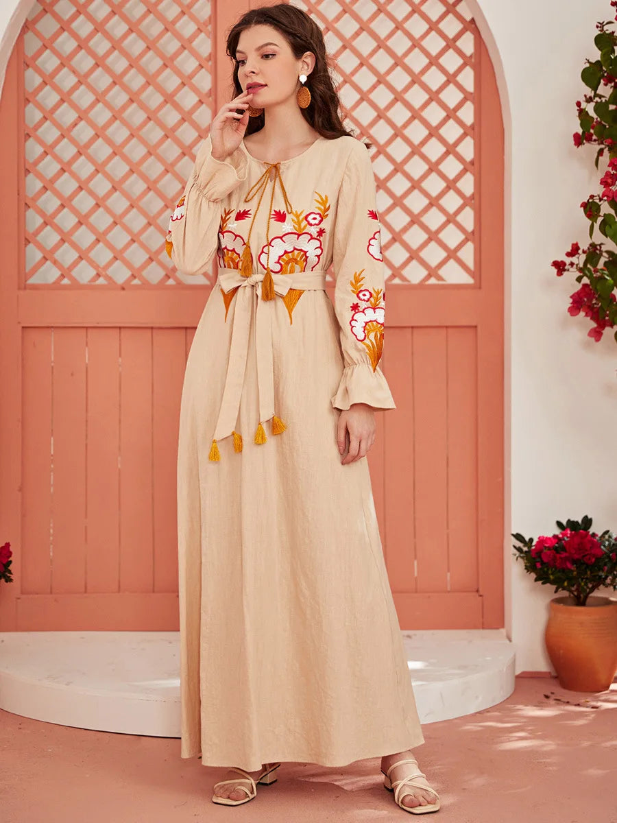 Robe Longue Broderie Manches Imprimées Flare Islamique — Taille M-2XL