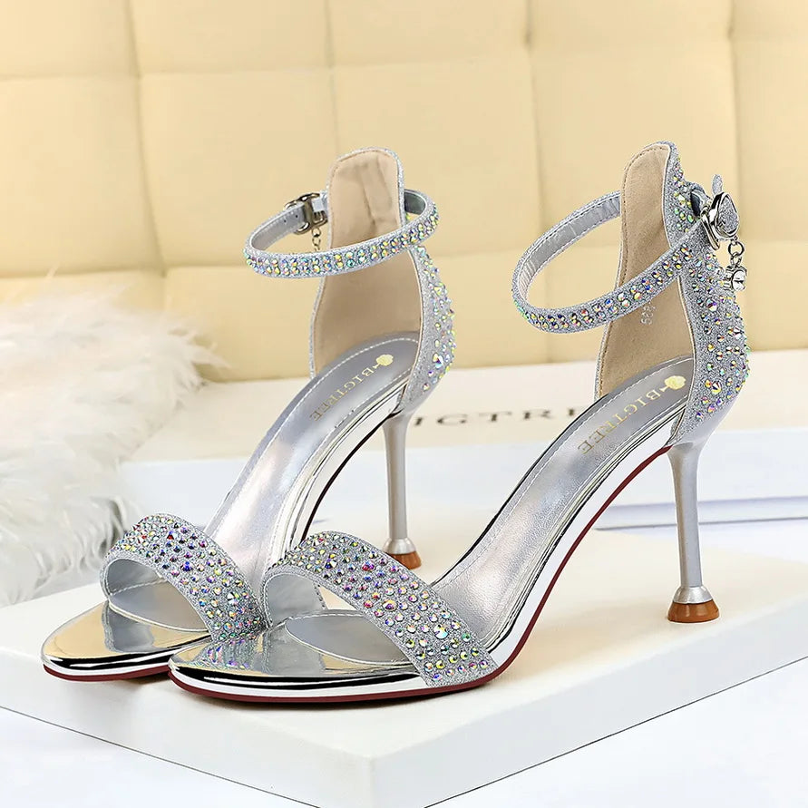 Sandales Femme Strass Cristal Talon Moyen Or — Bride Cheville, Mariage Événement 8.5cm
