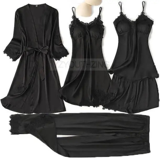 Ensemble Pyjama Femme Satin Dentelle — Robe de Chambre Kimono + Pantalon, Été