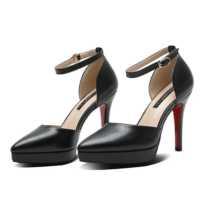 Sandales Femme Bride Cheville Bout Pointu 10cm — Plateforme, Cuir Mat, Petite Taille 32-33