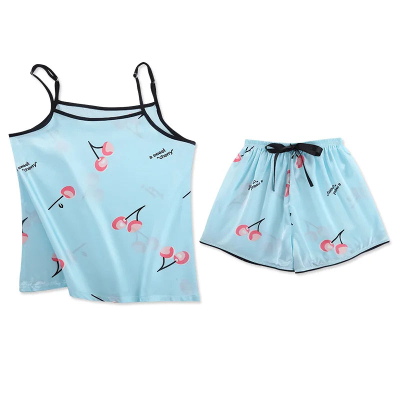 Pyjama Satin Femme 7 Pièces Col Revers Imprimé Cerises — Soie Douce