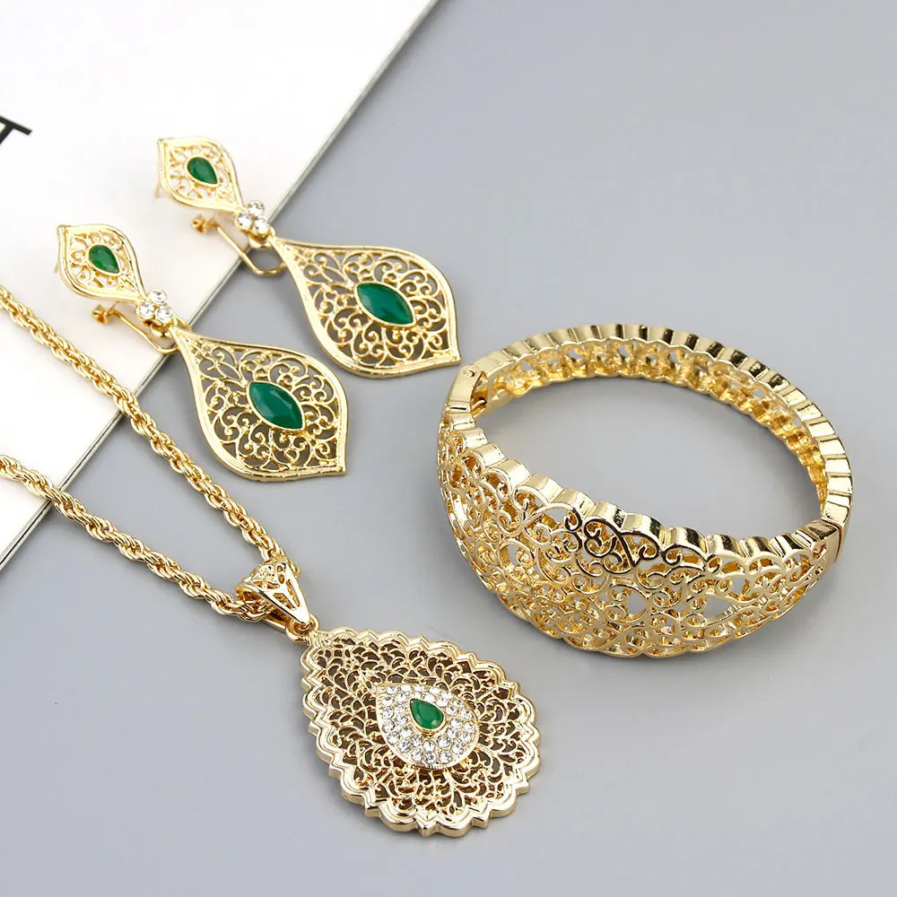 Sunspicems Parure Bijoux Mariage Algérien — Boucles, Collier, Bracelet Doré, Style Arabe