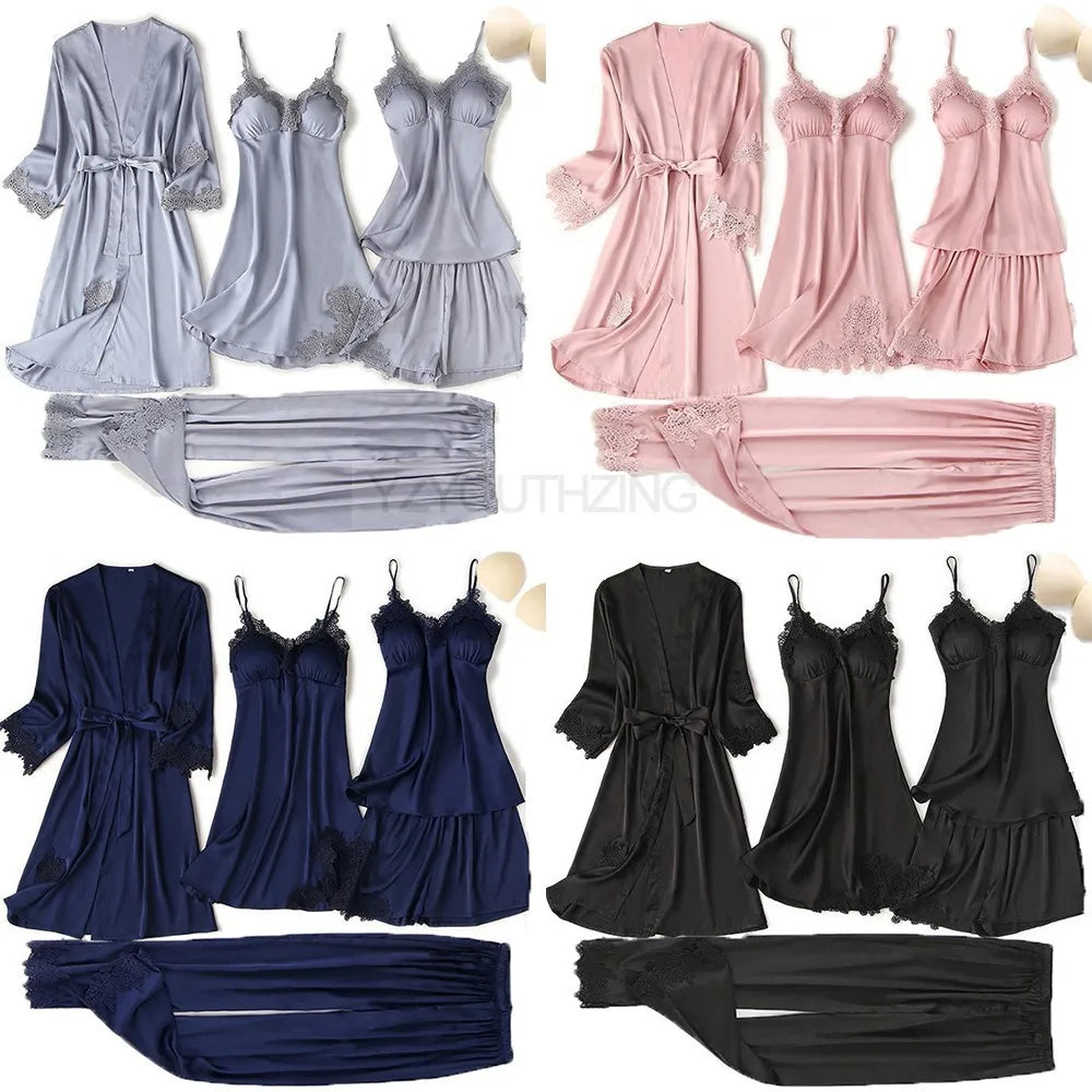Ensemble Pyjama Femme Satin Dentelle — Robe de Chambre Kimono + Pantalon, Été