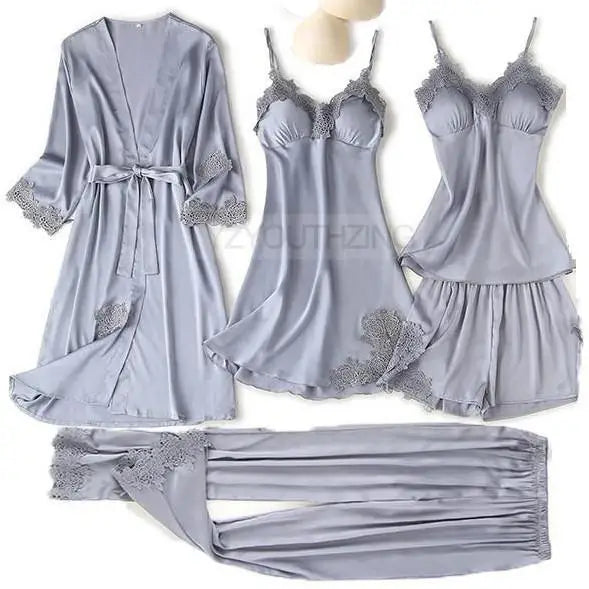 Ensemble Pyjama Femme Satin Dentelle — Robe de Chambre Kimono + Pantalon, Été