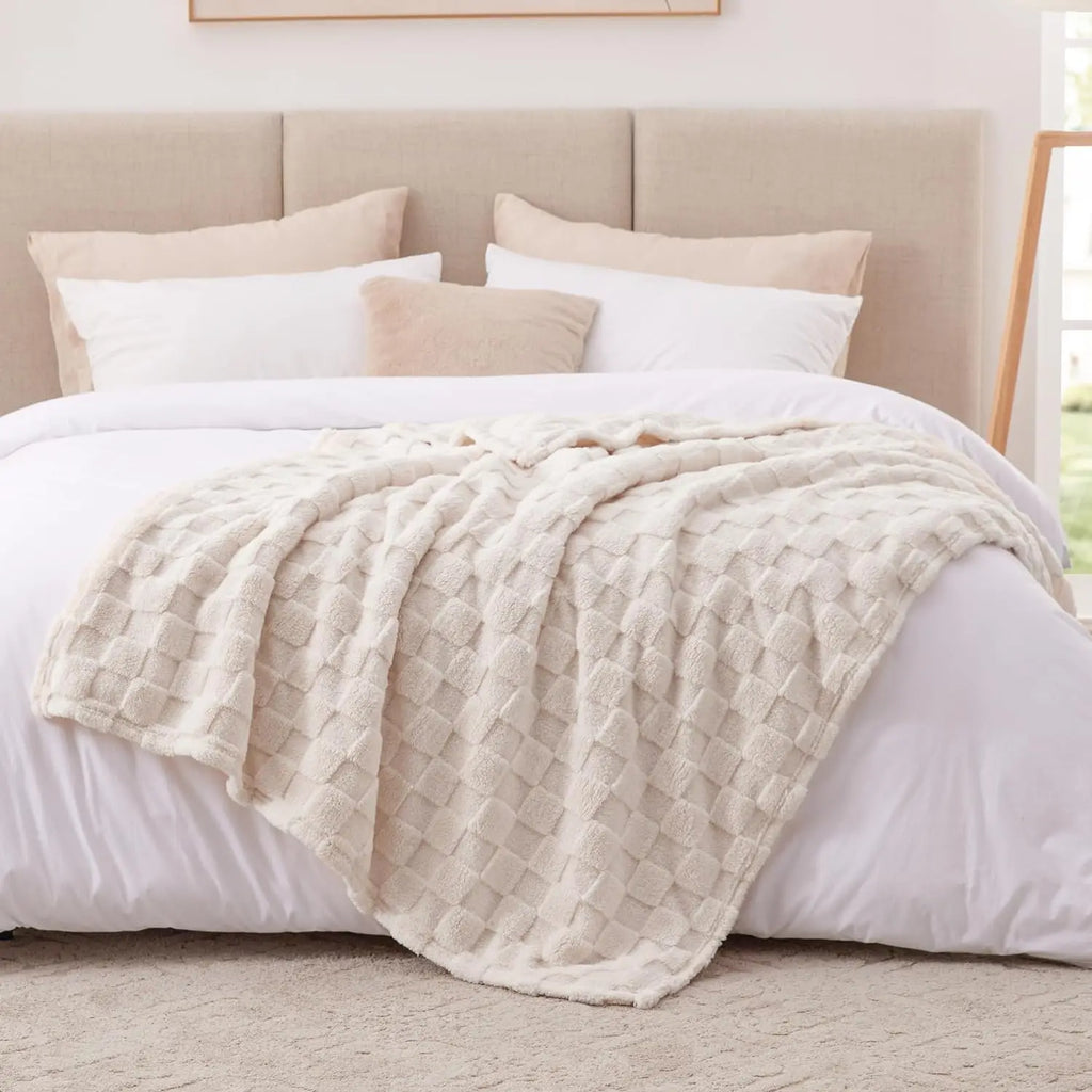 Plaid Jacquard Carreaux Gris — Couverture Douce Hiver Lit & Canapé