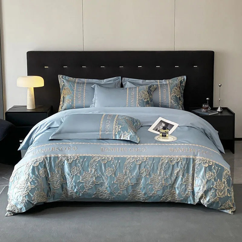Parure de Lit Luxe 4 Pièces Satin Brodé — Housse Couette King & Queen Hotel