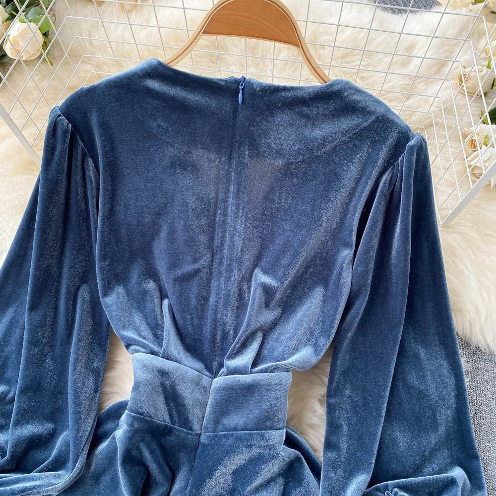 Robe Longue Velours Bleu Femme Élégante Col V Manches Lanterne — Taille Haute Soirée
