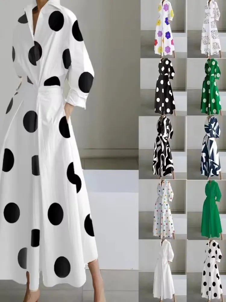 Robe Longue Femme Manches Longues Imprimé Pois Élégante — Col V Casual
